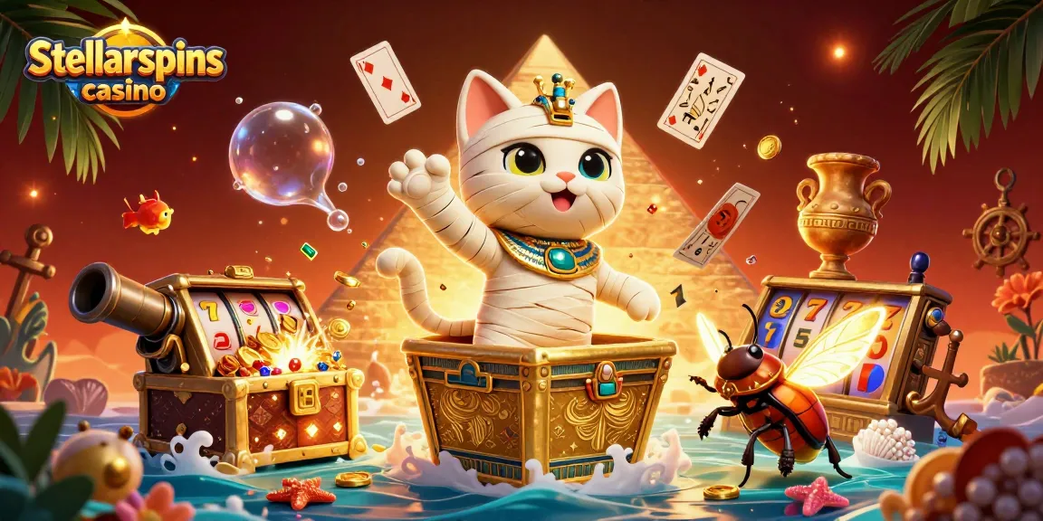 Experience stellarspins casino's excitement with a vibrant scene featuring an Egyptian mummy cat and golden treasures.