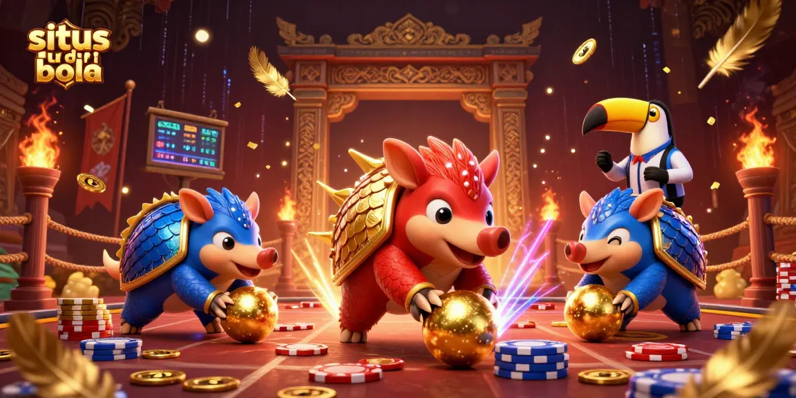 Experience exciting sports betting at situs judi bola with dynamic pangolins rolling golden balls and poker chips.