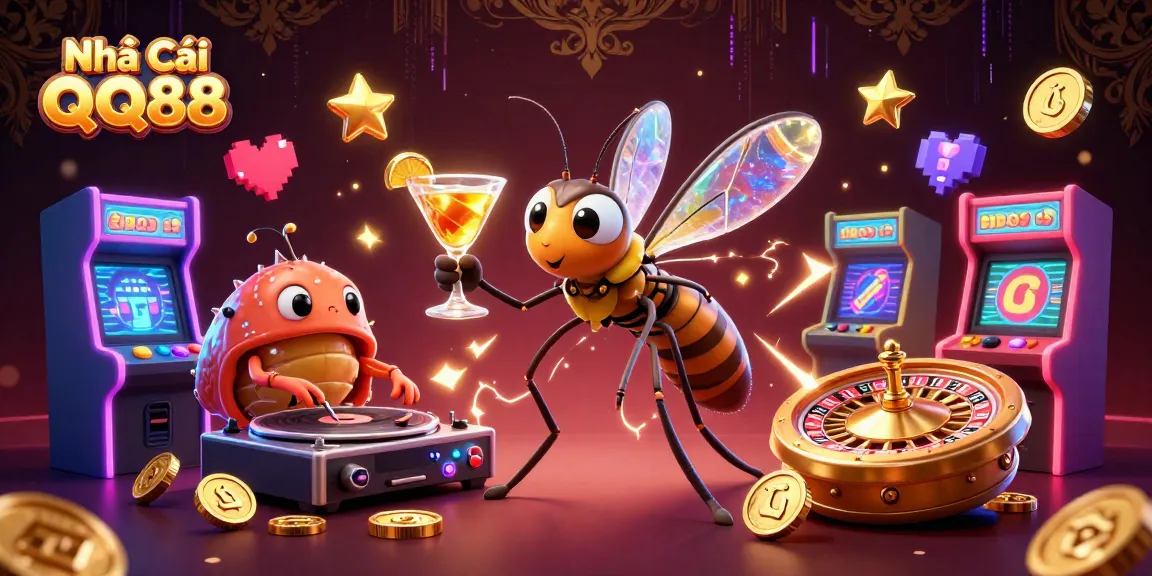 Play thrilling games at Nhà Cái QQ88, where a lively casino mascot serves cocktails next to a DJ in a vibrant scene.