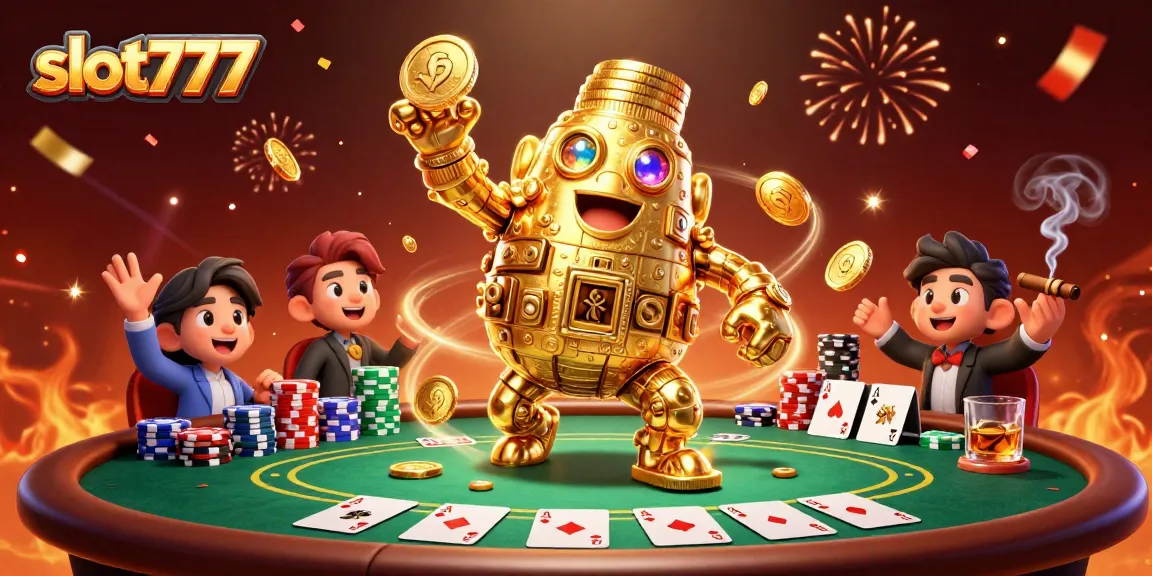 Experience the excitement of slot777 with a dynamic gaming scene featuring golden golem and poker elements
