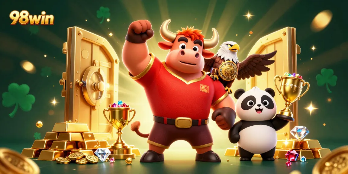 Experience thrilling wins at 98win, featuring vibrant characters and rich casino elements.