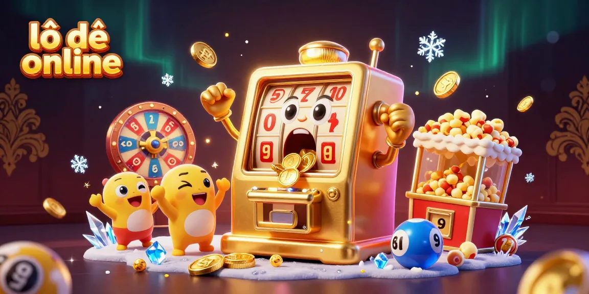 Experience the excitement of lô đề online with a buzzing lottery scene featuring animated slot machines and vibrant prizes.