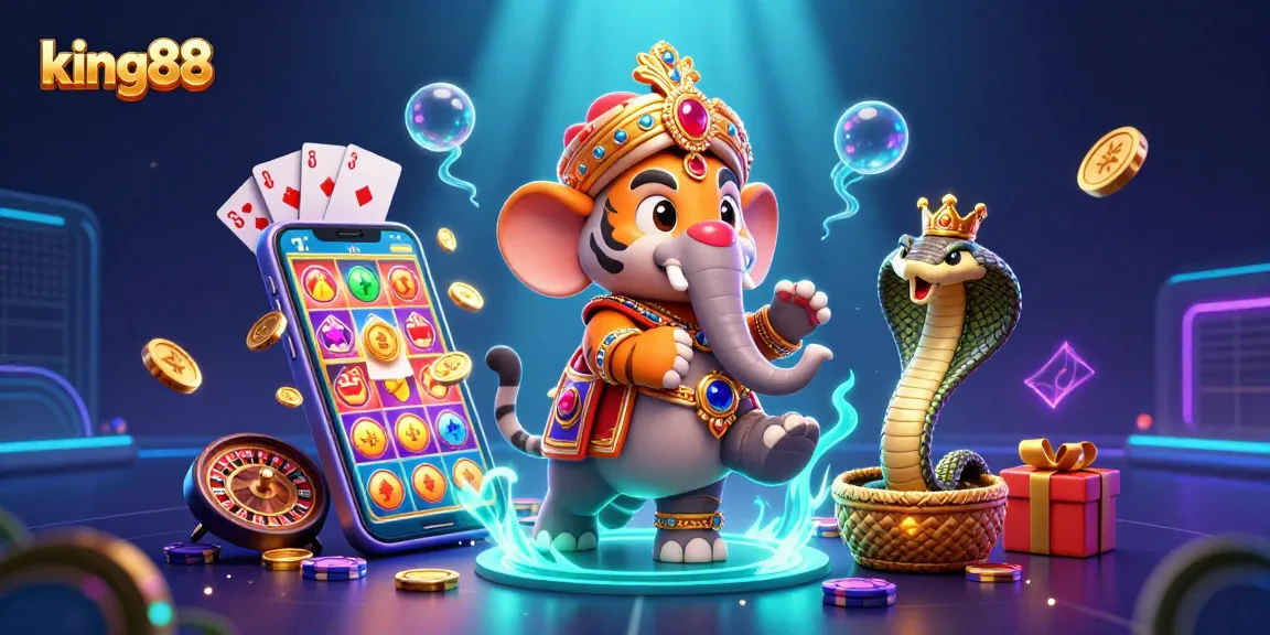 Experience king88's vibrant gaming scene with a 3D cartoon elephant and maharaja tiger amidst captivating slot games!