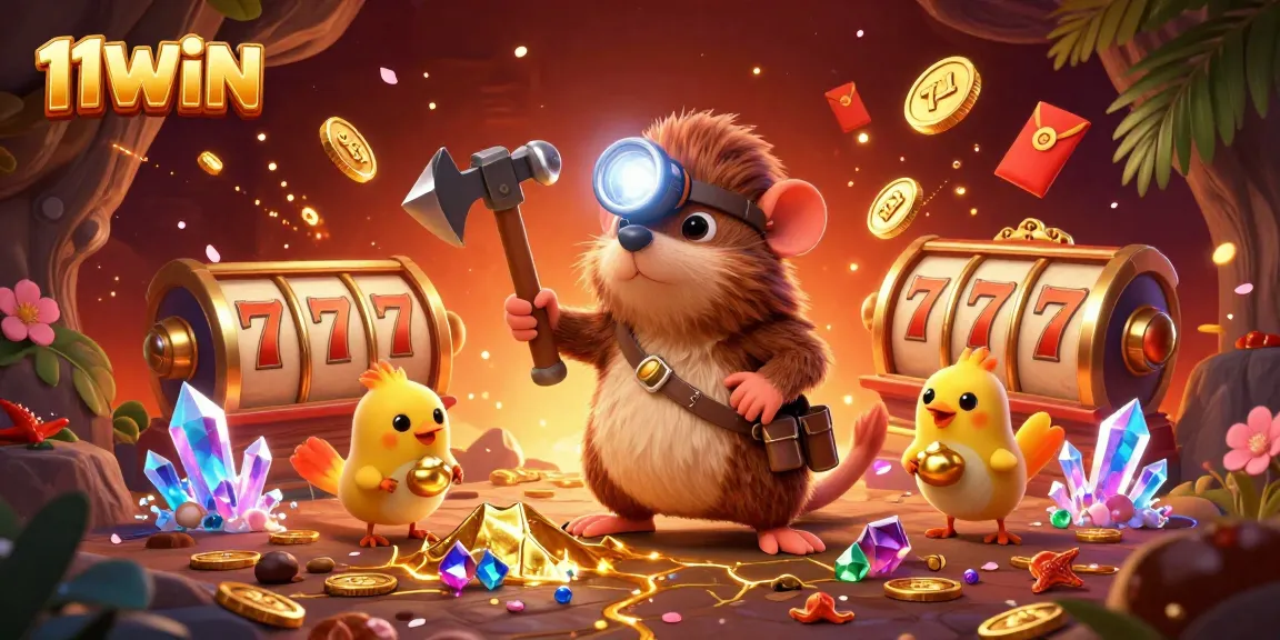 Join the adventure with 11WIN’s treasure hunter mole and canary in a vibrant casino mining scene.