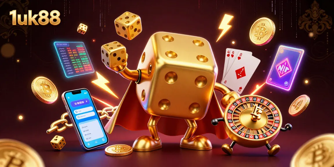Win big with 1uk88 as golden dice juggle excitement and digital currencies in a vibrant casino scene.
