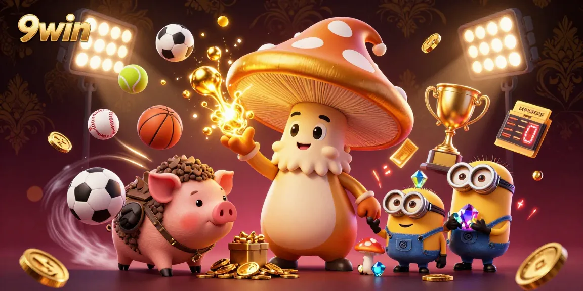 Experience thrilling moments at 9win with a vibrant wizard scene, gem-laden friends, and sports excitement.