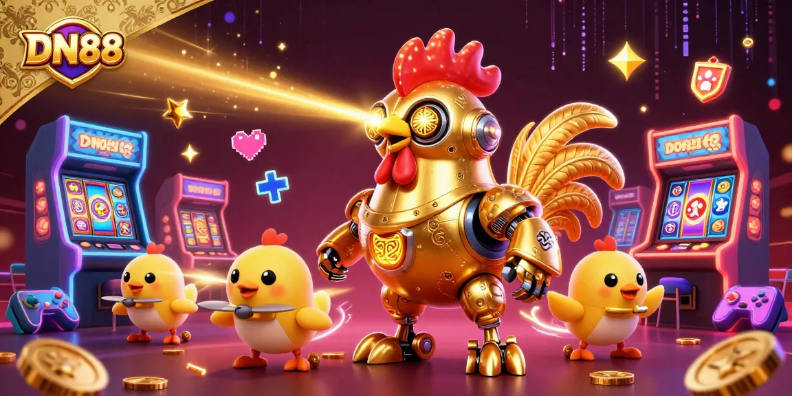 Experience the thrilling world of DN88 with vibrant slot reels and a golden rooster robot