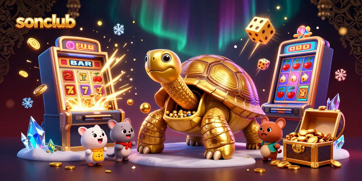 Experience fun gaming with Sonclub’s vibrant atmosphere featuring a lively tortoise and slot machines.