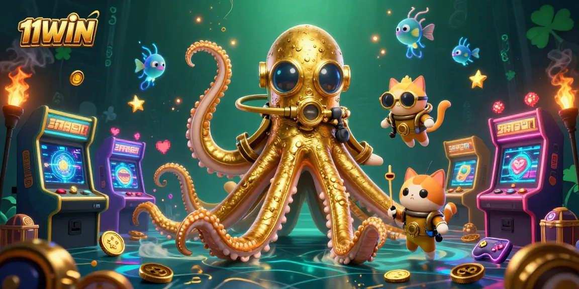 Experience thrilling gameplay at 11WIN with a lively scene featuring a colossal kraken and a diving cat.