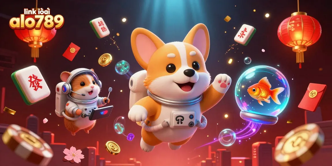 Experience the thrill with the link vào alo789 in this dynamic casino scene featuring floating poker chips and cartoon characters.