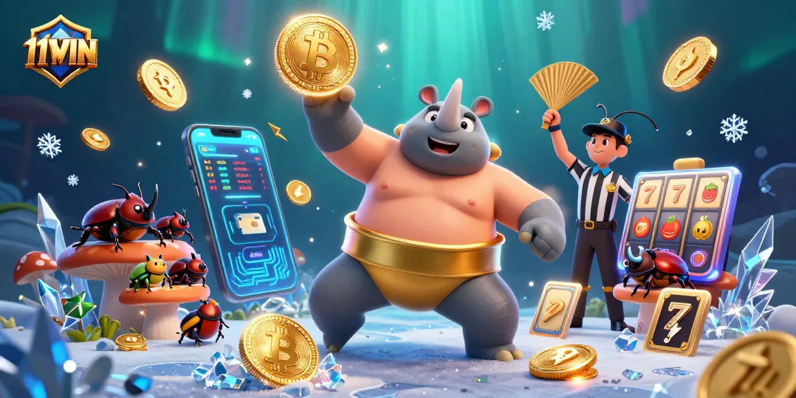 Experience thrilling slot action at 11WIN, featuring a dynamic sumo beetle champion and vibrant crypto elements.