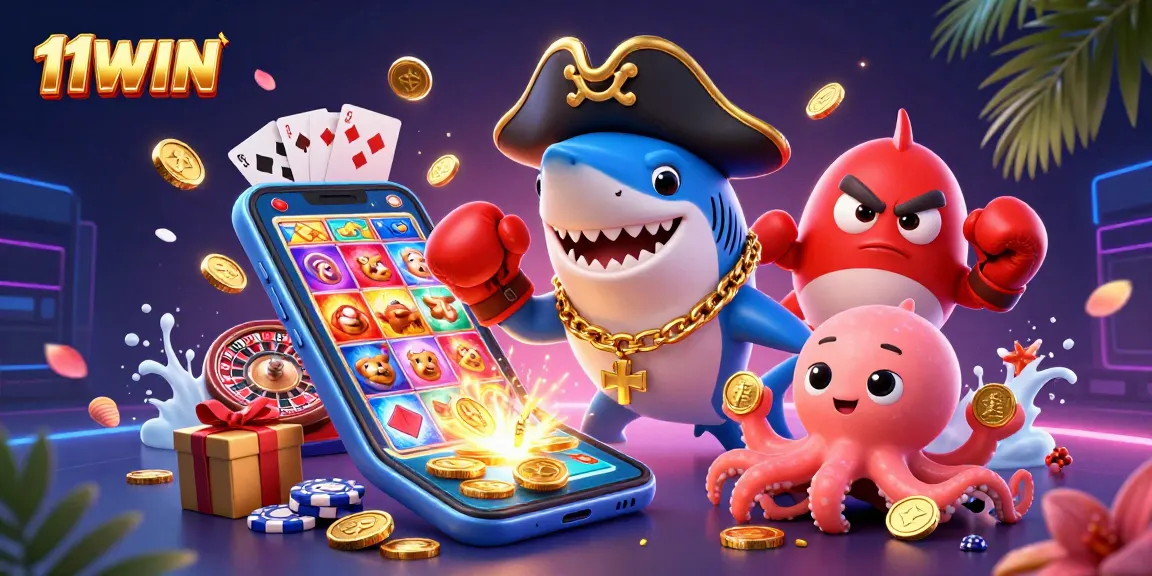 Engage with 11WIN's vibrant 3D scene showcasing a pirate shark, pufferfish, and octopus in lively casino action.