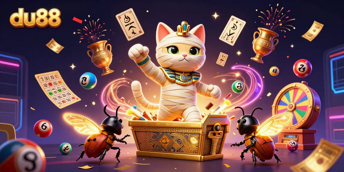 Experience thrilling wins with du88 featuring a cartoon Egyptian mummy cat and golden gaming elements.