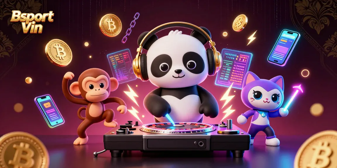 Engage with Bsport Vin in a vibrant 3D casino scene featuring a DJ panda and lively characters.