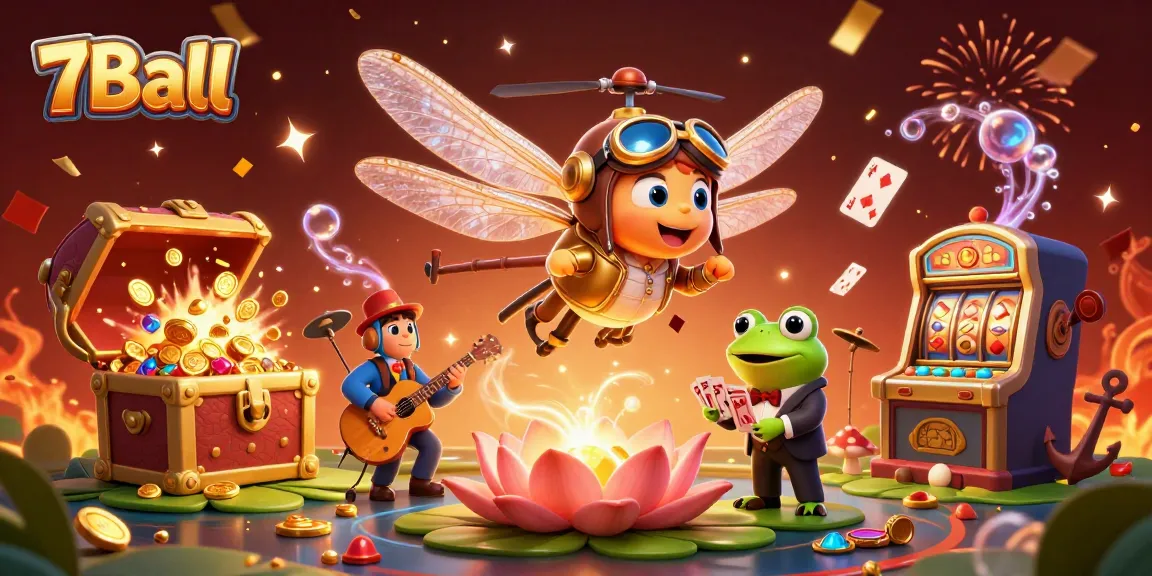 Experience thrilling gaming at 7Ball with a vibrant, dynamic 3D illustration featuring lively casino elements.