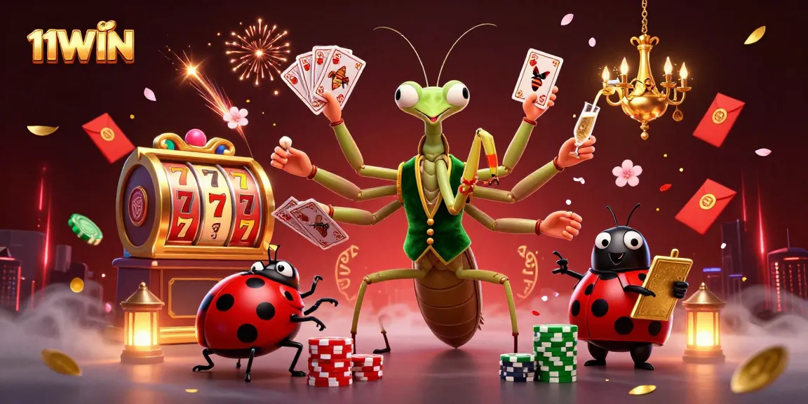 Spin and win with 11WIN's animated praying mantis dealer and vibrant casino elements.