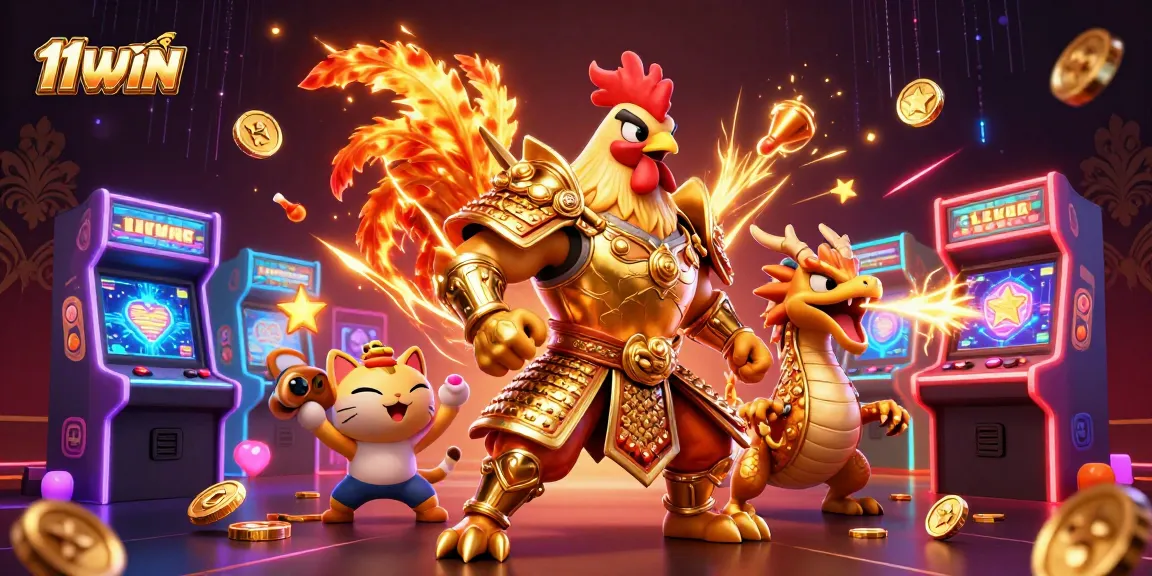 Engage with thrilling gameplay at 11WIN featuring cartoon warrior characters in a dynamic casino scene.