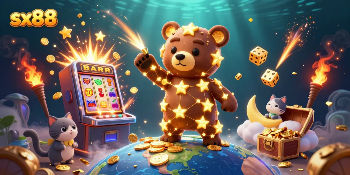 Sweep up casino winnings at sx88, where a constellation bear scoops up coins amidst a vibrant 3D gambling scene.