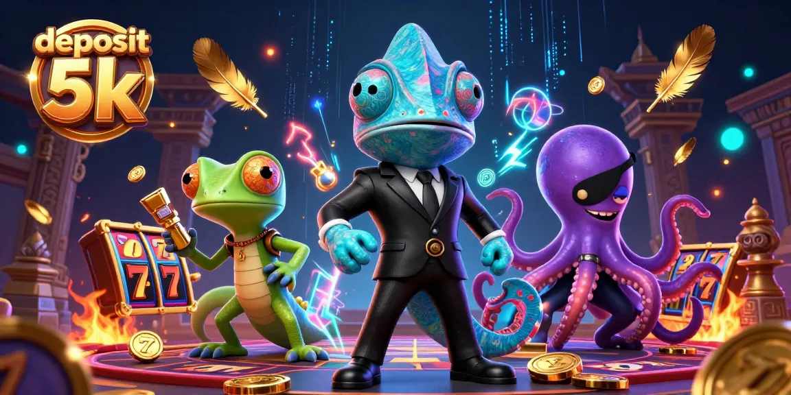 Engage in thrilling slots with deposit 5k at our dynamic casino scene, featuring vibrant characters and elements.
