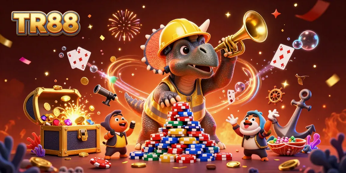 TR88 celebrates with triceratops and friends building poker chips, immersed in a vibrant casino scene.